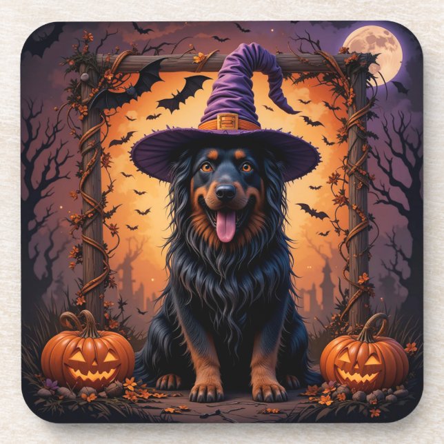 Cute Dog in Witch Hat Surrounded by Pumpkins Coaster (Front)