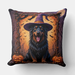 Cute Dog in Witch Hat Surrounded by Pumpkins Cushion