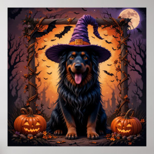 Cute Dog in Witch Hat Surrounded by Pumpkins Poster