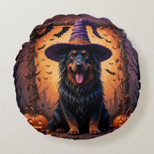 Cute Dog in Witch Hat Surrounded by Pumpkins Round Cushion