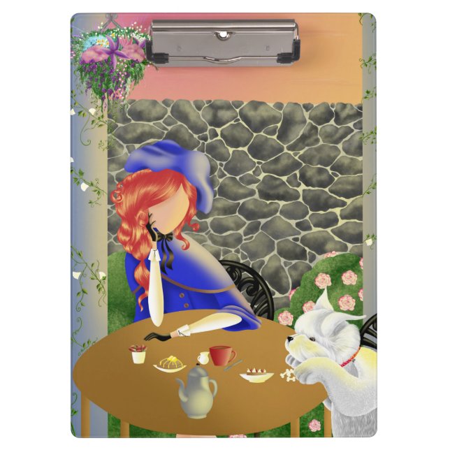Cute Dog & Lady in Cafe at sunset Clipboard (Front)
