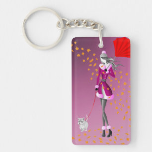 Cute Dog & Lady walking in Rain - Rainy Day Art Key Ring