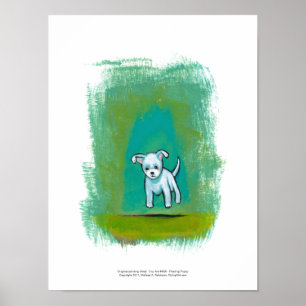 Cute dog little white puppy floating fun happy art poster