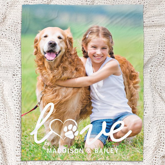 Cute Dog LOVE Paw Print Custom Pet Photo Dog Lover Fleece Blanket (Creator Uploaded)
