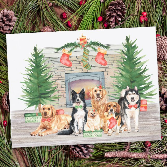 Cute Dog Lover Puppy Christmas Fireplace Scene Holiday Postcard (Creator Uploaded)