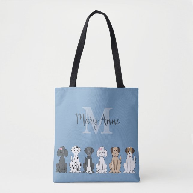Cute Dog Lovers Monogram Blue Tote Bag (Front)