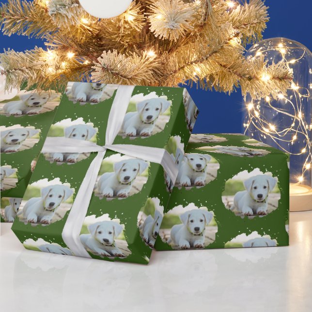 Cute Dog Lovers Personalised Photo Pattern Green Wrapping Paper (Holidays)