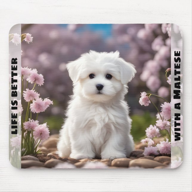Cute Dog Maltese Puppy Spring Floral Custom Name Mouse Mat (Front)