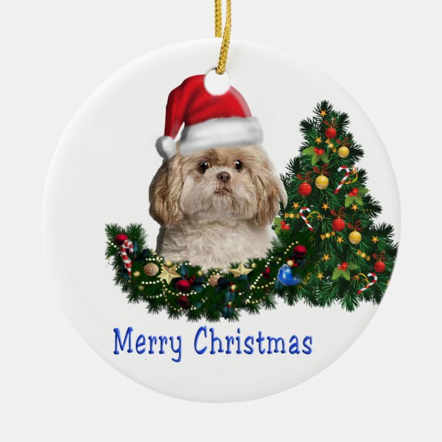 Cute Dog  merry Christmas Ceramic Tree Decoration (Front)