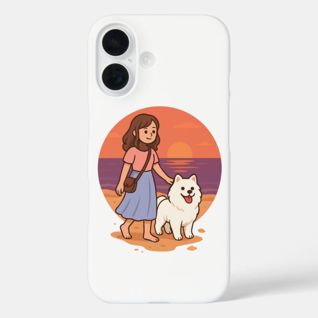 Cute Dog Mom Walking Fluffy Pup on Sunset Beach  Case-Mate iPhone Case (Back)