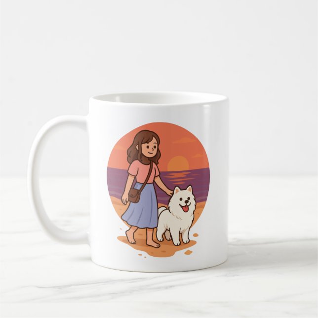 Cute Dog Mom Walking Fluffy Pup on Sunset Beach  Coffee Mug (Left)
