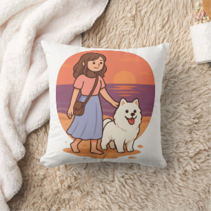 Cute Dog Mom Walking Fluffy Pup on Sunset Beach  Cushion