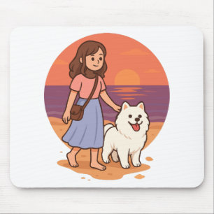 Cute Dog Mom Walking Fluffy Pup on Sunset Beach Mouse Mat