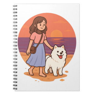 Cute Dog Mom Walking Fluffy Pup on Sunset Beach Notebook