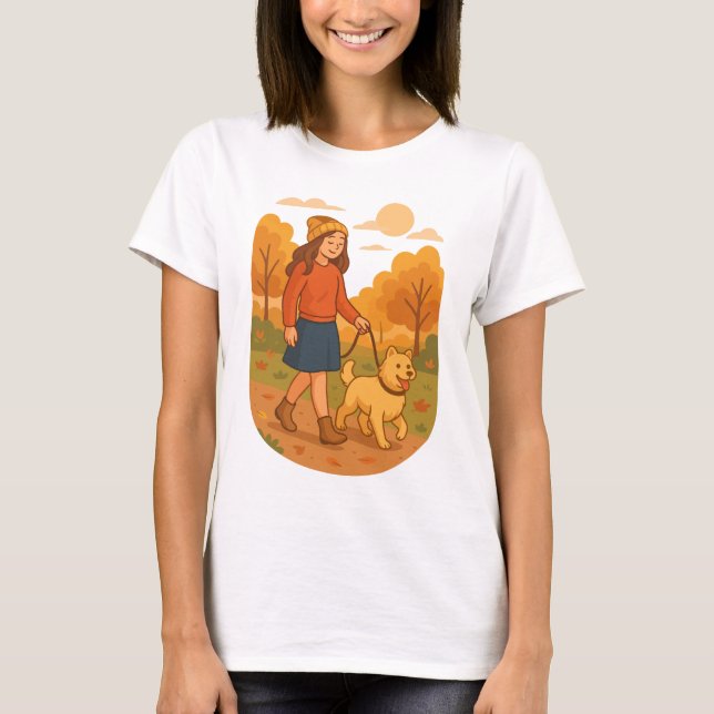 Cute Dog Mom Walking Pup in Cozy Forest  T-Shirt (Front)