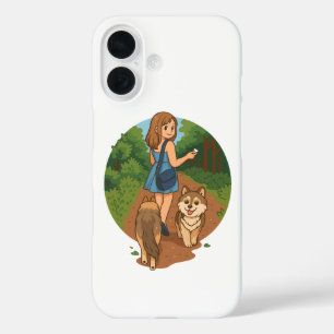 Cute Dog Mom Walking Puppies Forest Trail Illustra iPhone 16 Case