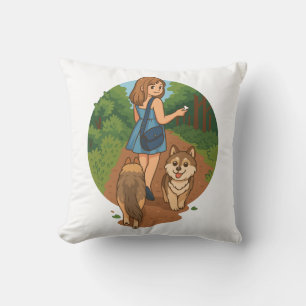 Cute Dog Mom Walking Puppies Forest Trail Illustra Cushion