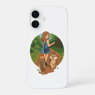 Cute Dog Mom Walking Puppies Forest Trail Illustra iPhone 16 Case