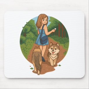Cute Dog Mom Walking Puppies Forest Trail Illustra Mouse Mat
