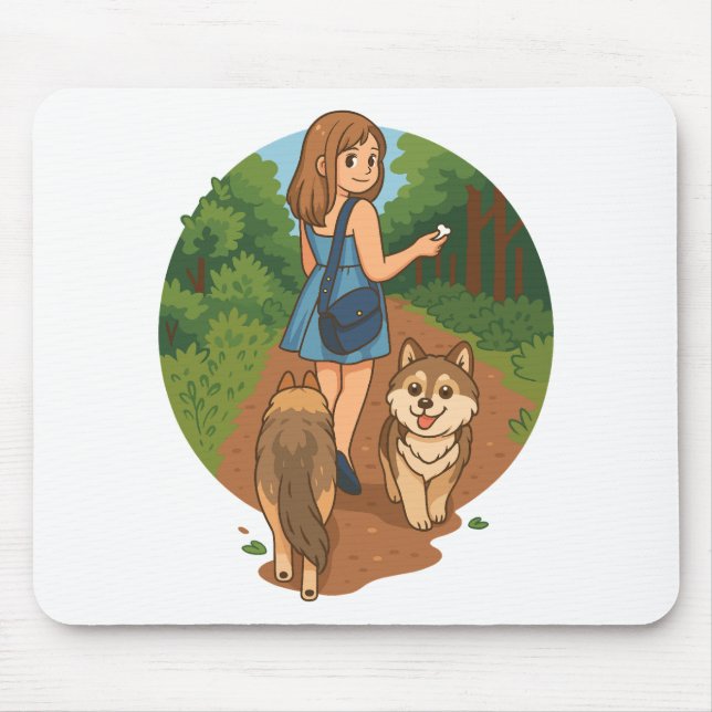 Cute Dog Mom Walking Puppies Forest Trail Illustra Mouse Mat (Front)