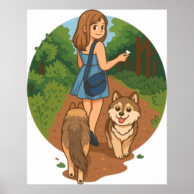 Cute Dog Mom Walking Puppies Forest Trail Illustra Poster (Front)