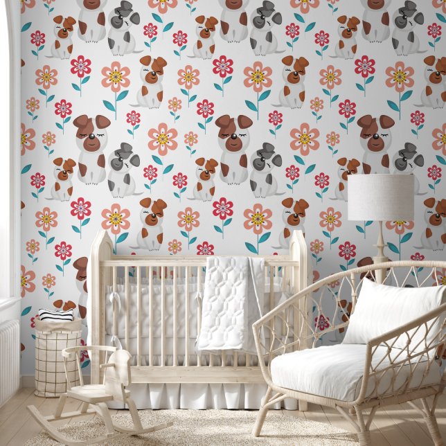 Cute dog mother and babies, flowers pattern wallpaper (Kids)