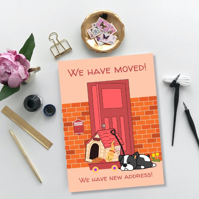 Cute dog moving his house in front of door moving announcement (Creator Uploaded)