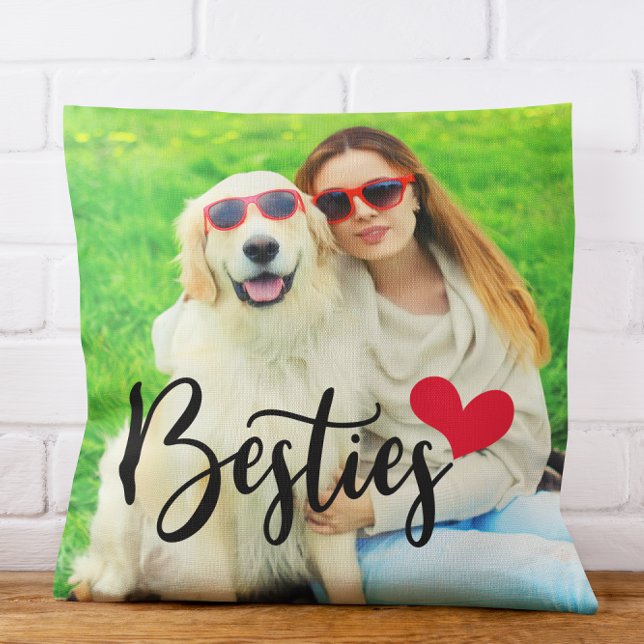 Cute Dog Mum Besties Red Heart Photo Cushion (Glittery Rose Gold Foil 15th Birthday Throw Pillow)