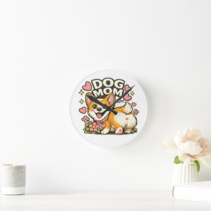 Cute Dog Mum Corgi Sticker Kawaii Flowe,Heart art Round Clock