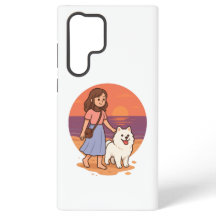 Cute Dog Mum Walking Fluffy Pup on Sunset Beach 