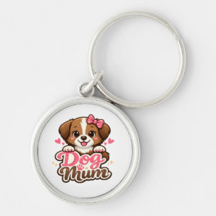 Cute Dog Mum with Pink Bow and Paw Prints Key Ring