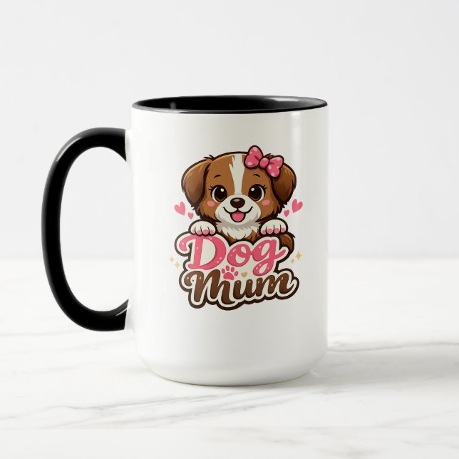 Cute Dog Mum with Pink Bow and Paw Prints Mug (Left)