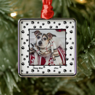 Cute Dog Name and Year with Photo Black Paw Prints Metal Tree Decoration
