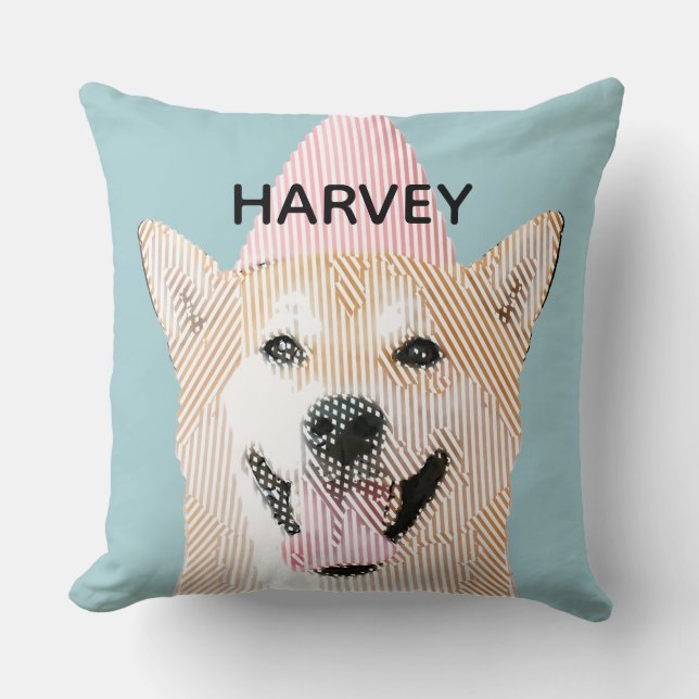 Cute Dog Name Kawaii Smiling Shibu Inu Blue Cushion (Front)