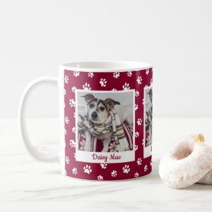 Cute Dog Name & Photo Red and White Paw Prints Coffee Mug