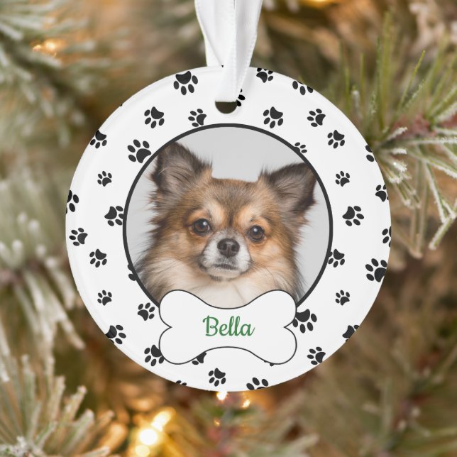 Cute Dog Name Year Bone Black Paw Prints Photo Ornament (Tree)