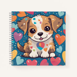 "Cute dog notebook with hearts in the background 