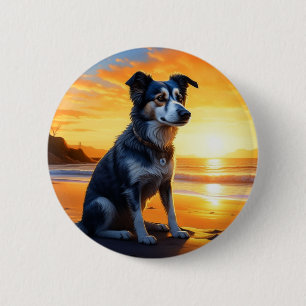 Cute Dog on Beach at Sunset 6 Cm Round Badge