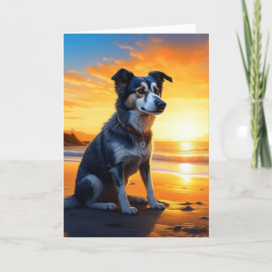 Cute Dog on Beach at Sunset   Happy Birthday Card