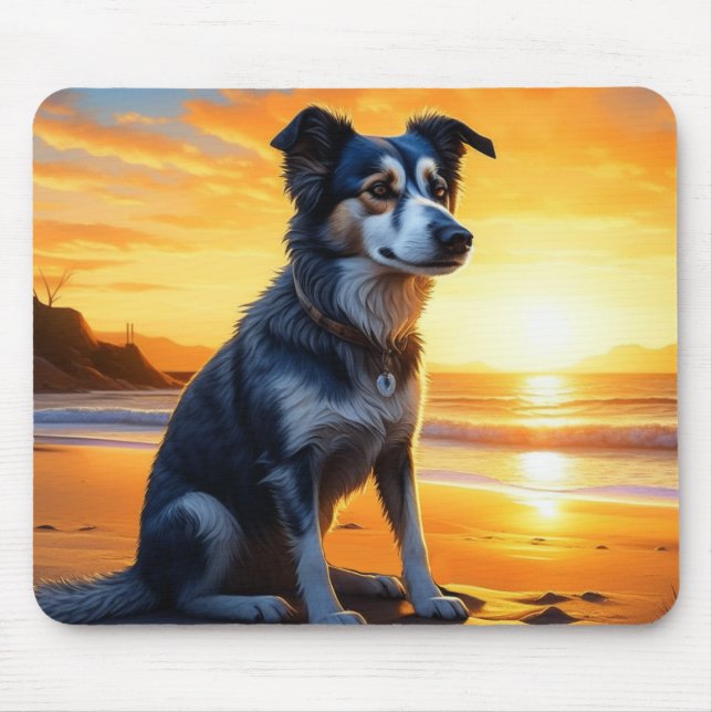 Cute Dog on Beach at Sunset  Mouse Mat (Front)