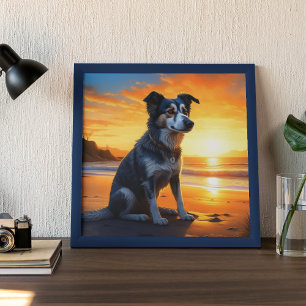 Cute Dog on Beach at Sunset  Poster