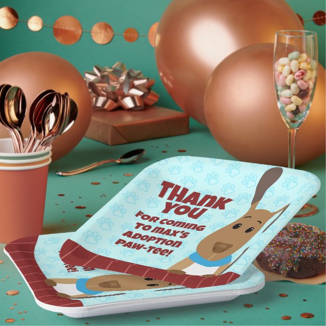 Cute Dog on Fence Pet Adoption Pawprints Thank You Paper Plate (Multi)