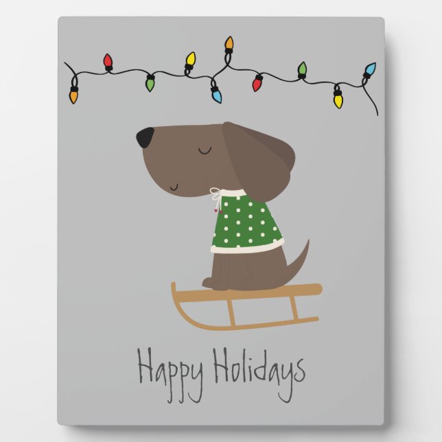 Cute Dog on Sled Holiday Greeting Plaque (Front)