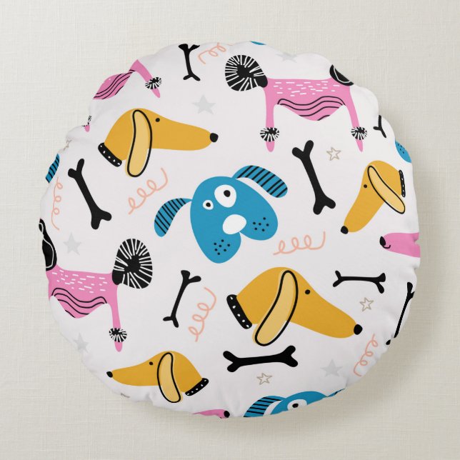 Cute dog pattern with baby animal face drawing sca round cushion (Front)