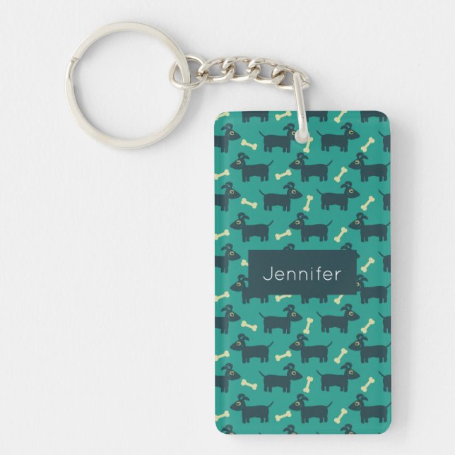 Cute Dog Pattern with Bone on Green Background Key Ring (Front)