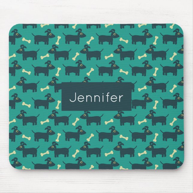 Cute Dog Pattern with Bone on Green Background Mouse Mat (Front)