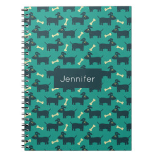 Cute Dog Pattern with Bone on Green Background Notebook
