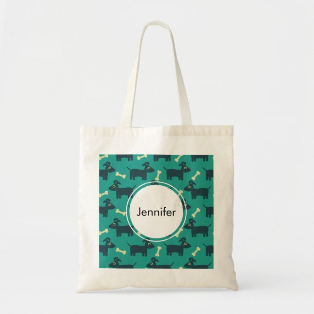Cute Dog Pattern with Bone on Green Background Tote Bag (Front)