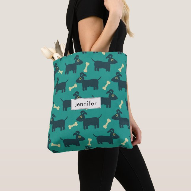 Cute Dog Pattern with Bone on Green Background Tote Bag (Close Up)