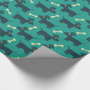 Cute Dog Pattern with Bone on Green Background Wrapping Paper